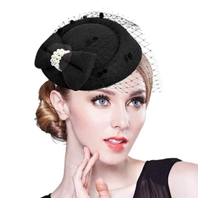 Abbildung von Losuya Frauen Fascinators Hut Perle Bogen Stil Cocktail Party Pillbox mit Schleier Haarspangen (Schwarz)