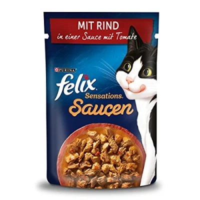 Abbildung von FELIX Sensations Saucen Katzenfutter nass mit Rind in einer Sauce Tomaten, 26er Pack (26 x 85g)