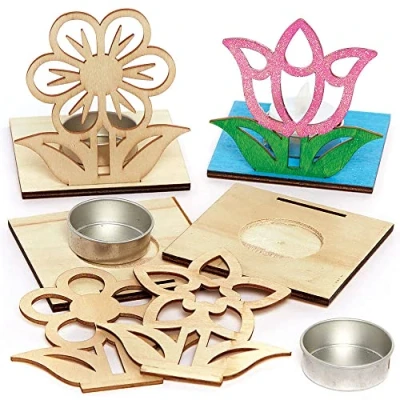 Abbildung von Baker Ross FC730 Blume Teelichthalter Bastelset aus Holz 4er Pack, für Kinder zum Basteln und Bemalen, Mittel