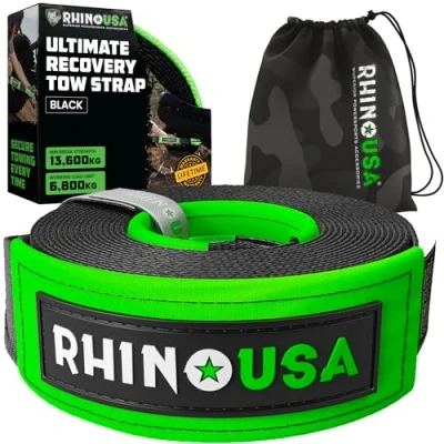 Abbildung von Rhino USA Recovery Abschleppgurt (7.6 cm x 6.1 m), im Labor getestete Bruchfestigkeit von 13,600 kg Hochleistungs Offroad Gurte mit dreifach verstärkten Schlaufenenden Schwarz