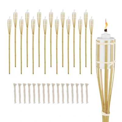 Abbildung von Relaxdays Gartenfackel, 16er Set, Bambus, H: 90 cm, Ölfackeln für draußen, mit Ersatzdochten, Gartenparty Deko, Natur