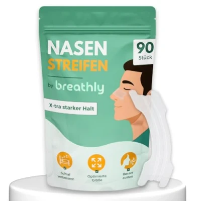 Abbildung von breathly Nasenpflaster Transparent Extra starker Halt 90x Nose Strips Gegen Schnarchen verbessert die Schlafqualität Für bessere Atmung bei verstopfter Nase Premium Nasenstrips