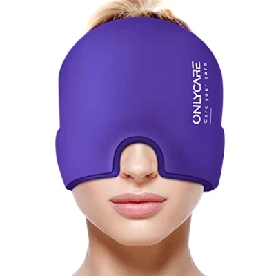 Abbildung von ONLYCARE Migräne Maske Mütze Relief Cap, Headache Hat Kühlmaske Kühlmütze Kopfschmerzen Kühlhaube Kappe Kühlpads Gel zur Linderung von (Lila)