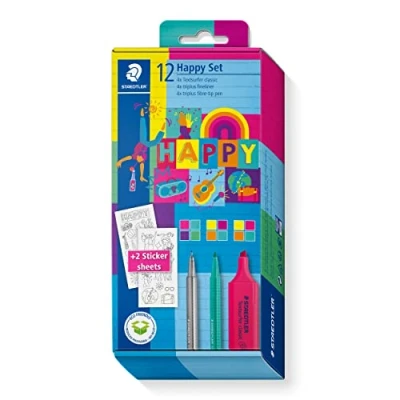 Abbildung von Staedtler Marker Set, in den bunten Happy colours, 4 Textmarker, Fasermaler, Fineliner, Sticker zum Ausmalen, lange Lebensdauer, unterschiedliche Linienbreiten, 61 SC1 HA