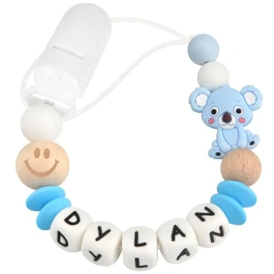 Abbildung von Yolnkos Schnullerkette mit Namen Jungen Mädchen Personalisiert Schnullerclip Koala(Blau)