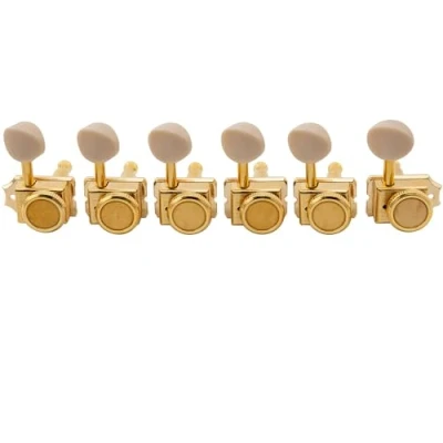 Abbildung von Musiclily Pro Vintage Hybrid Style 6 in Line Gitarre Locking Tuners Mechaniken für Fender Squier Classic Vibe Strat/Tele E Gitarre, Gold mit Oval Kunststoff Button