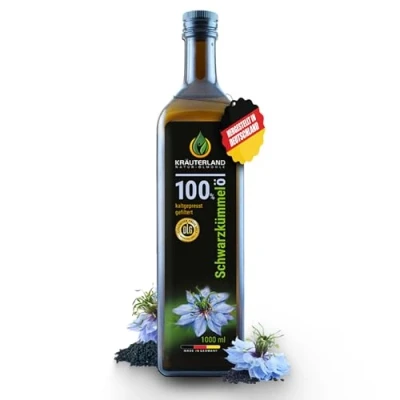 Abbildung von Kräuterland Schwarzkümmelöl 1000ml (1Liter), Gefiltert, Kaltgepresst, 100% Nigella Sativa, ohne Zusatz von Aromen, Frabstoffe &amp; Konservierungsstoffe direkt aus unsrer hessischen Ölmühle