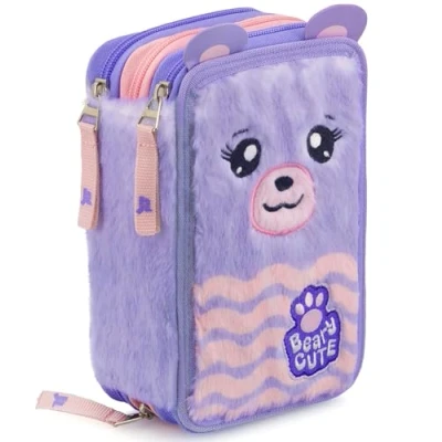 Abbildung von Julian Ross Teddybär Plüsch Federmäppchen Kinder, 3 Organisierte Fächer, Federtasche Gefüllt, Mädchen, 45 Teilen für die Schule, Buntstiften, Filzstiften, Kleber und Scheren