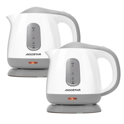 Abbildung von Aigostar Juliet Wasserkocher Klein 1 Liter, 1100W, Niedriger Stromverbrauch, BPA Frei, Mini für Schlafzimmer, Reisen, Camping, Büro, Kompakt &amp; Leicht, Abnehmbarer Filter, 2 Pack