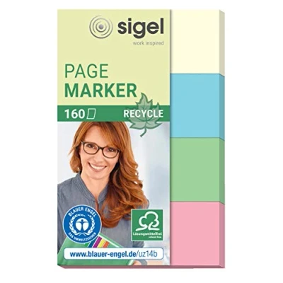 Abbildung von SIGEL HN604 Haftmarker aus Recycling Papier, 160 Streifen im Format 20 x 50 mm, gelb, blau, grün, rot