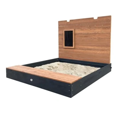 Abbildung von AXI Mandy XXL Sandkasten aus Holz mit Sitzbank, Stauraum, Deckel &amp; Kreidetafel in Anthrazit Braun inklusive Bodeplane 160 x 151 122,5 cm.