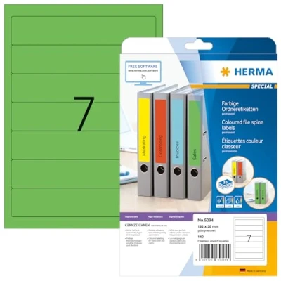Abbildung von HERMA 5094 Ordnerrücken Etiketten kurz schmal, 20 Blatt, 192 x 38 mm, 7 pro A4 Bogen, 140 Stück, selbstklebend, bedruckbar, blickdicht, blanko Papier Ordneretiketten Rückenschilder Aufkleber, grün