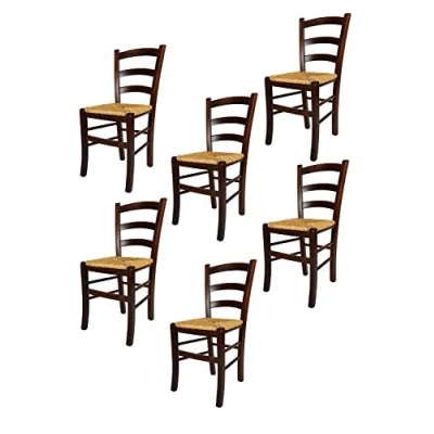 Abbildung von t m c s Tommychairs 6er Set Stühle Venezia für Küche und Esszimmer, Robuste Struktur aus lackiertem Buchenholz im Farbton Dunkles Nussbraun Sitzfläche Stroh