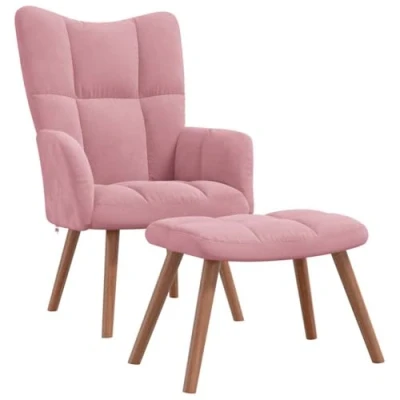 Abbildung von vidaXL Relaxsessel mit Hocker, Sessel Stahlrahmen Holzbeinen, Relaxstuhl Polsterstuhl Armlehne, Fernsehsessel Polstersessel Wohnzimmer, Modern, Rosa Samt