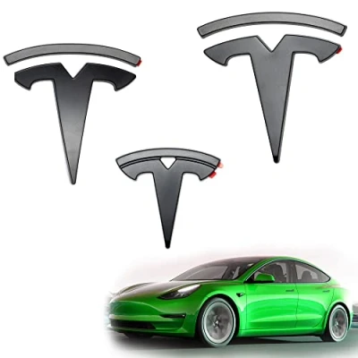 Abbildung von Shop4EV Matt Schwarzes Logo Emblem Set für Tesla Model 3 (vor 10/23) teiliges Komplettset Front, Heckklappe &amp; Lenkrad