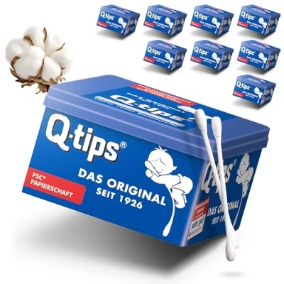 Abbildung von Q tips Pflege Wattestäbchen mit Papierschaft, Würfelbox, Vorteilspack (9x 206 Stück), 100% biologisch abbaubar, Baumwolle ohne Plastik, Reinigung der Ohren, Abschminken und Korrektur von Makeup