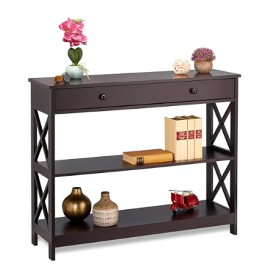 Abbildung von Relaxdays Konsolentisch mit Schublade, 3 Ebenen, HBT 80 x 100 30 cm, schmal, Ablagetisch, Flur, Wohnzimmer, MDF, braun