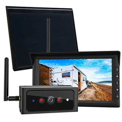 Abbildung von Lescars Kfz Kamera: 2in1 Solar Funk Rückfahrkamera &amp; Überwachungs Set, Full HD 7&quot; Monitor (Solar Rückfahrkameras mit Monitor, Rueckfahrkamera, Dash Camera)