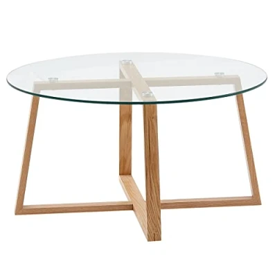 Abbildung von FineBuy Couchtisch Eiche Massivholz/Glas Sofatisch Rund Wohnzimmertisch, Design Stubentisch Modern, Holztisch Kaffeetisch, Tisch Wohnzimmer Echtholz