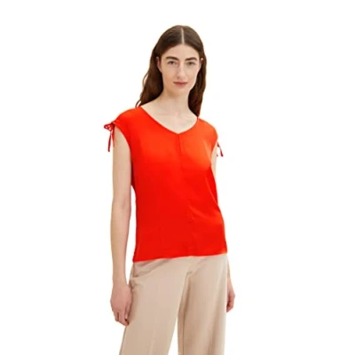 Abbildung von TOM TAILOR Damen 1035851 T Shirt mit V Ausschnitt &amp; Raffung, 15612 Fever Red, XXS