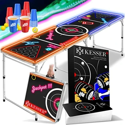 Abbildung von KESSER® Beer Pong Tisch Set mit Kartenspiel Trinkspiel Led Action inkl. 100 Becher (50 Rot &amp; 50 Blau), 6 Bälle + Regelwerk Partyspiele Table Höhenverstellbar Klappbarer Classic
