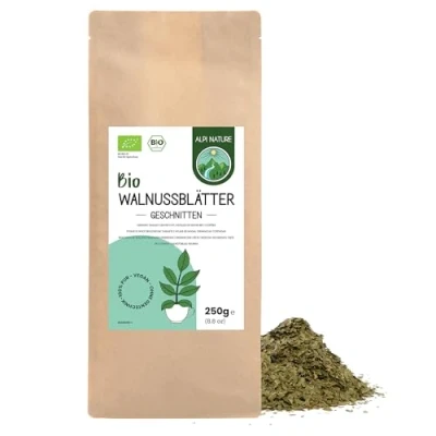 Abbildung von Walnussblättertee bio 250g von Alpi Nature, Tee lose, Walnussblätter getrocknet und geschnitten zur Zubereitung Tee, Walnussblatt Kräutertee