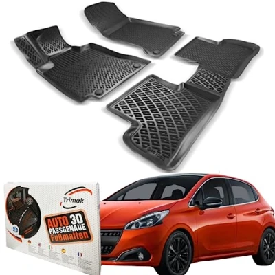 Abbildung von Trimak Passgenau 3D Fussmatten Auto Kompatibel mit Peugeot 208 1 Gen 2012 2019 Zubehör 1. und 2. Reihe Gummimatten Autos TPE Allwetter Geruchlos rutschfest Vorne Hinten Schwartz