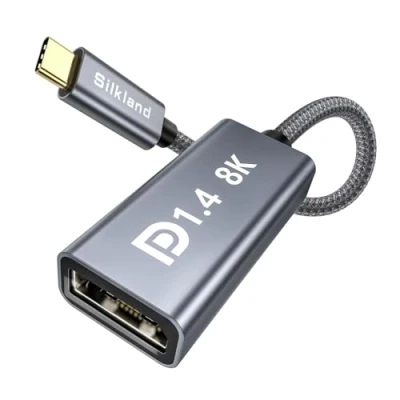 Abbildung von Silkland USB C auf DisplayPort 1.4 Adapter, [8K@60Hz, 4K@144Hz/120Hz, 2K@240Hz, 32,4Gbps] Thunderbolt 4/3 Adapter für iPhone 15 Serie, MacBook Pro/Air M1/M2 iPad Pro/Air, Galaxy S8 S24