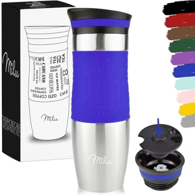 Abbildung von Milu Thermobecher Kaffee to go 370ml, 450ml Isolierbecher Kaffeebecher 100% Auslaufsicher Trinkbecher aus Edelstahl Autobecher doppelwand Isolierung Travel Mug (Blau, 450ml)