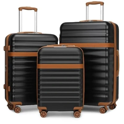 Abbildung von KONO Koffer Trolley Kofferset 3 Teilig Reisekoffer von ABS+PC Hartschalenkoffer mit 4 Rollen TSA Schloss (Schwarz/Braun,Set)