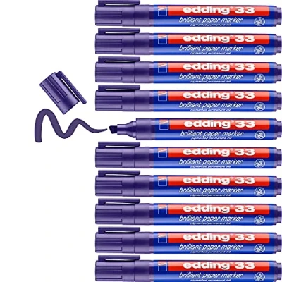 Abbildung von edding 33 Brillant Papiermarker Violett 10 Permanent Marker Wasserfest Keilspitze 1 5 mm Leuchtende Farben Lichtbeständige Markierung auf Papier, Karton, Kunststoff, Metall Oder Glas