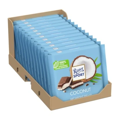Abbildung von Ritter Sport Kokos (12 x 100 g), Vollmilch Schokolade mit gefüllt, tropische Kokosraspeln in köstlicher Milchcreme Füllung, exotische Note