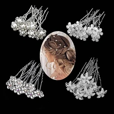 Abbildung von 40PCS Haarnadeln Hochzeit mit Perlen, BetterJonny Perlen Blumen Braut Haarschmuck Bridal Hair Pins U Förmige für Brautfrisur Frauen Mädchen, 4 Stile (A)