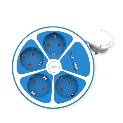 Abbildung von ROLINE 4 Fach Steckdosenleiste mit Schalter, rund, USB Charger A+C, blau, 3 m