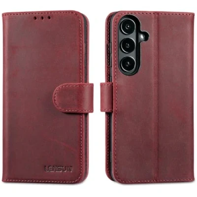Abbildung von LENSUN Echtleder Hülle für Samsung Galaxy S24, Handyhülle [Echtes Leder] [Kartenfach] [RFID Schutz] Klappbar Lederhülle Handytasche S24 5G Retro Rot