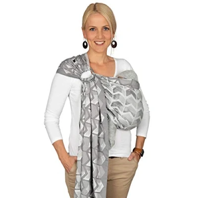 Abbildung von Hoppediz Ring Sling, Baby Tragetuch ab Geburt, 100 % kbA Baumwolle, Design Amsterdam stone