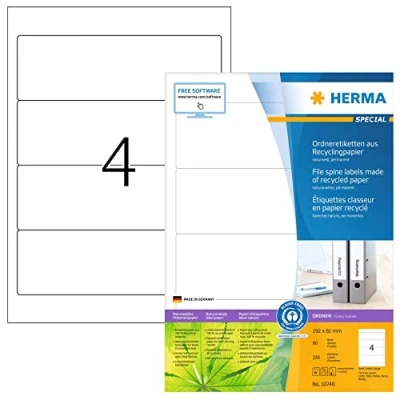 Abbildung von HERMA 10740 Recycling Ordnerrücken Etiketten kurz breit, 80 Blatt, 192 x 61 mm, 4 pro A4 Bogen, 320 Stück, selbstklebend, bedruckbar, blickdicht, Ordneretiketten Rückenschilder Aufkleber, natur weiß