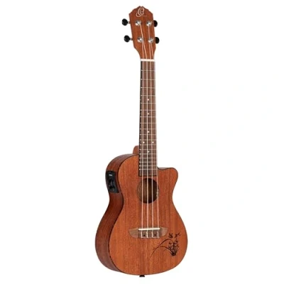 Abbildung von Ortega Guitars Konzert Ukulele elektro akustisch Bonfire Series Sapeledecke mit lasergaviertem Motiv (RU5MM CE)