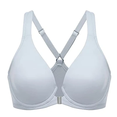 Abbildung von DELIMIRA Damen Vorderverschluss Racerback BH Grosse Grössen Bügel BHS Tiefer Ausschnitt Ungefüttert Vollschalen Opalgrau 95D