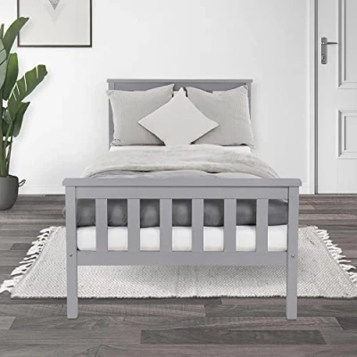 Abbildung von ML Design Holzbett 90x200 cm Hellgrau Kiefernholz, Massivholz Bettgestell mit Lattenrost und Füße, Einzelbett Kopf Fußteil, Bett für Kinder Erwachsene Massivholzbett Kinderbett Jugendbett