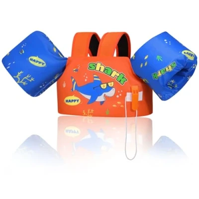 Abbildung von MoKo Kinder Schwimmflügel, Cartoon Schwimmende Badeanzug Schwimmjacke, Schwimmtraining Jacke Schwimmflügel mit Schnalle für Jungen Mädchen 9 bis 22,6 kg, Orange Blau Haie