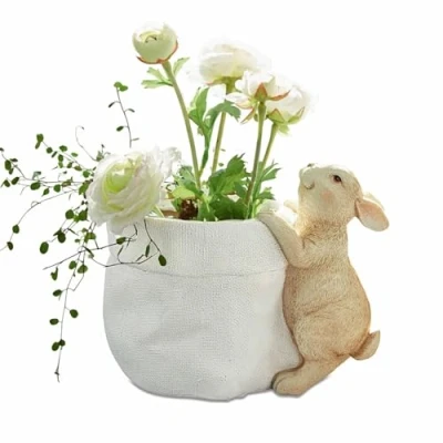 Abbildung von Loberon Übertopf Irianna, handgearbeitet &amp; bemalt, mit reizendem Häschen, für Blumen zur Aufbewahrung, Ostern, Osterdekoration, Pflanzgefäß, Polyresin, Creme