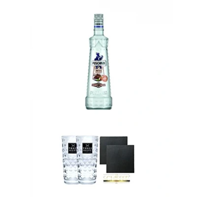 Abbildung von Puschkin Nuts &amp; Nougat 0,7 Liter + Three Sixty Vodka Gläser 2 Stück Schiefer Glasuntersetzer eckig ca. 9,5 cm Ø