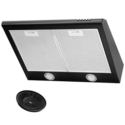 Abbildung von Dunstabzugshaube mit Filter Abzugshaube Dunst Unterbauhaube Abluft/Umluft 60 cm breit Farbe: Schwarz Edelstahlgehäuse LED Beleuchtung [Energieklasse C]
