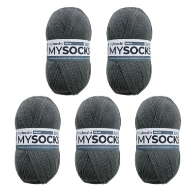 Abbildung von myboshi mysocks Uni einfarbige Sockenwolle, 4 fädig, weich und geschmeidig, mit Aloe Vera behandelt, 100g, Ll 420m, Grau 5 Knäuel