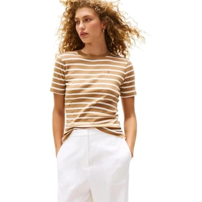 Abbildung von Tommy Hilfiger Damen T Shirt Kurzarm Slim Cody Rundhalsausschnitt, Mehrfarbig (Hickory/Ecru STP), XS