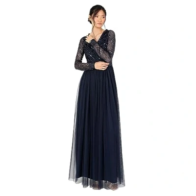 Abbildung von Women&#039;s Maxi Dress Ladies Embellished Wrap Tulle Frilly V Neck Long Sleeve for Wedding Guest Bridesmaid Prom Ball Gown, Navy, 38