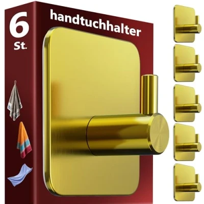 Abbildung von Menz Handtuchhaken ohne Bohren, 6 Stk. Goldene Handtuchhalter Bohren für bombenfesten Halt, Edelstahl Klebehaken, Haken selbstklebend, starke Badezimmer Handtuchhalter, Bad