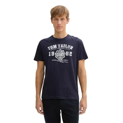 Abbildung von TOM TAILOR Herren T Shirt mit Logo Print, 10690 Knitted Navy, XL