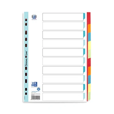 Abbildung von Oxford 400034720 Karton Register Strong Line für DIN A4 25er Pack blanko 1 10 teilig mit Kunststoff Folie verstärkt rot orange blau gelb grün Ringbuch Ordner Ring mappe Hefter